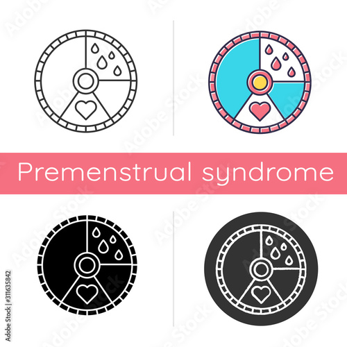 Menstrual cycle icon. Menstruation days tracking. Female healthcare. PMS and period. Gynecology calendar. Monthly circulation. Flat design, linear and color styles. Isolated vector illustrations