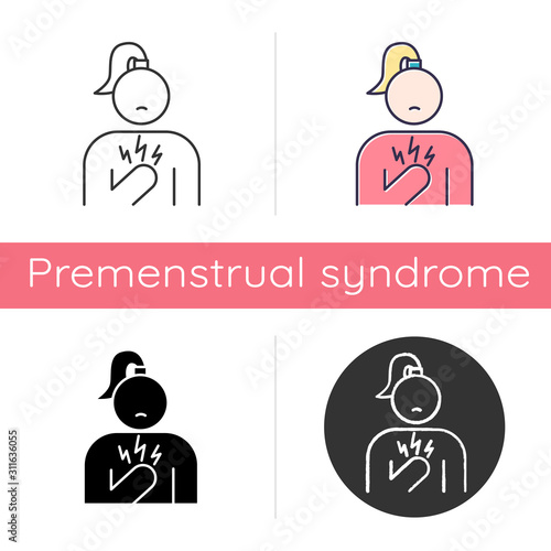 Chest pain icon. Stressed girl. Anxious woman. Heart attack. Palpitation. Sickness and illness. Predmenstrual syndrome symptom. Flat design, linear and color styles. Isolated vector illustrations