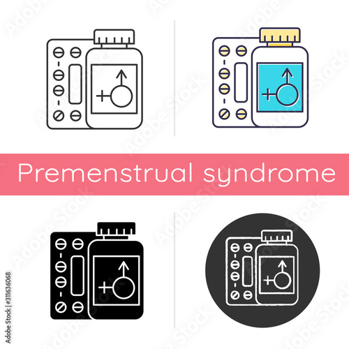 Hormone replacement therapy icon. Pills for menopause. Medication for female health. Pharmaceutical product in bottle. Flat design, linear and color styles. Isolated vector illustrations