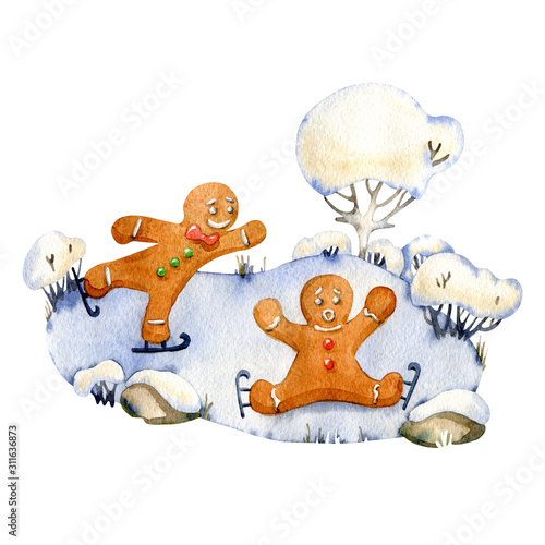 Funny gingerbread men skate on a winter lake. Christmas watercolor illustration