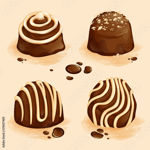 Set of vector striped chocolates with cream fondant decoration and chocolate drops. Sweets.