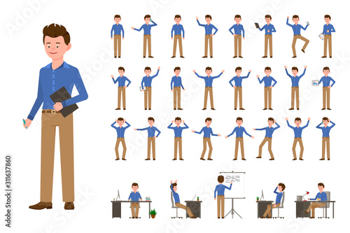 Cartoon character office business man vector illustration. Flat style design smiling human worker guy person poses set on white background