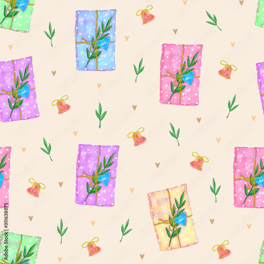 Fototapeta premium Valentines day seamless pattern with cute presents, hearts and love for fabrics, background, wallpaper.