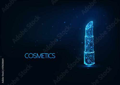 Futuristic cosmetics, make up concept with glowing low polygonal lipstick on dark blue background.