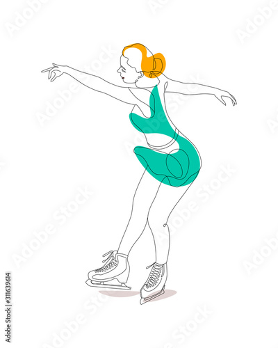 Girl figure skater. Figure skating. Black and white illustration of a figure skater. Winter sport. Linear art. Continuous line. Ice sport. Movung girl on ice rink