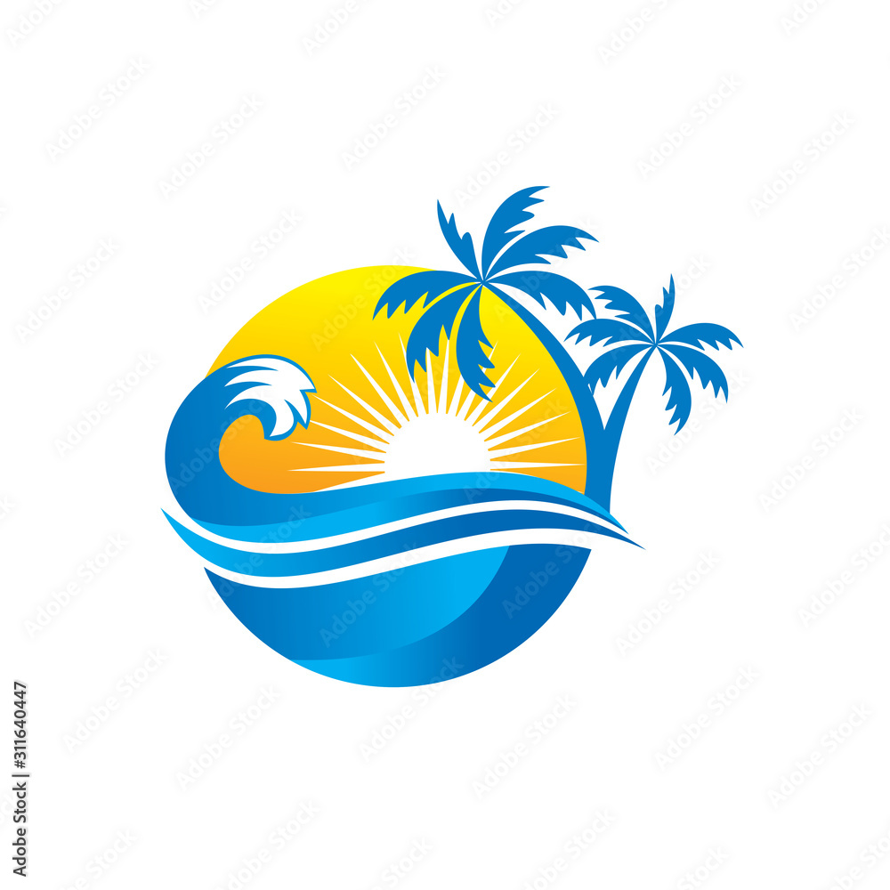 Wave and Sun and Palm Tree Logo