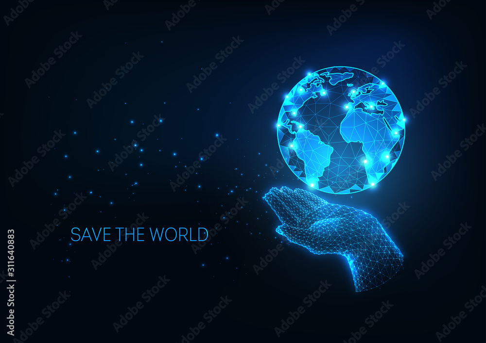 Obraz premium Futuristic Environment global protection concept with glow low poly human hand holding planet Earth