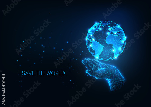 Futuristic Environment global protection concept with glow low poly human hand holding planet Earth