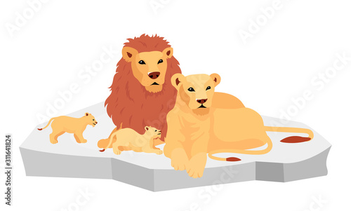 Lion family on rock flat color vector illustration. Southern predator creatures. Adult feline with cubs. Lioness with baby. African animals isolated cartoon character on white background