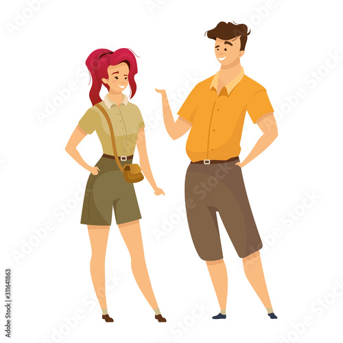 Tourist in khaki uniform flat color vector illustration. Woman and man talking. Trekking group in military style cloth. People in camouflage isolated cartoon character on white background