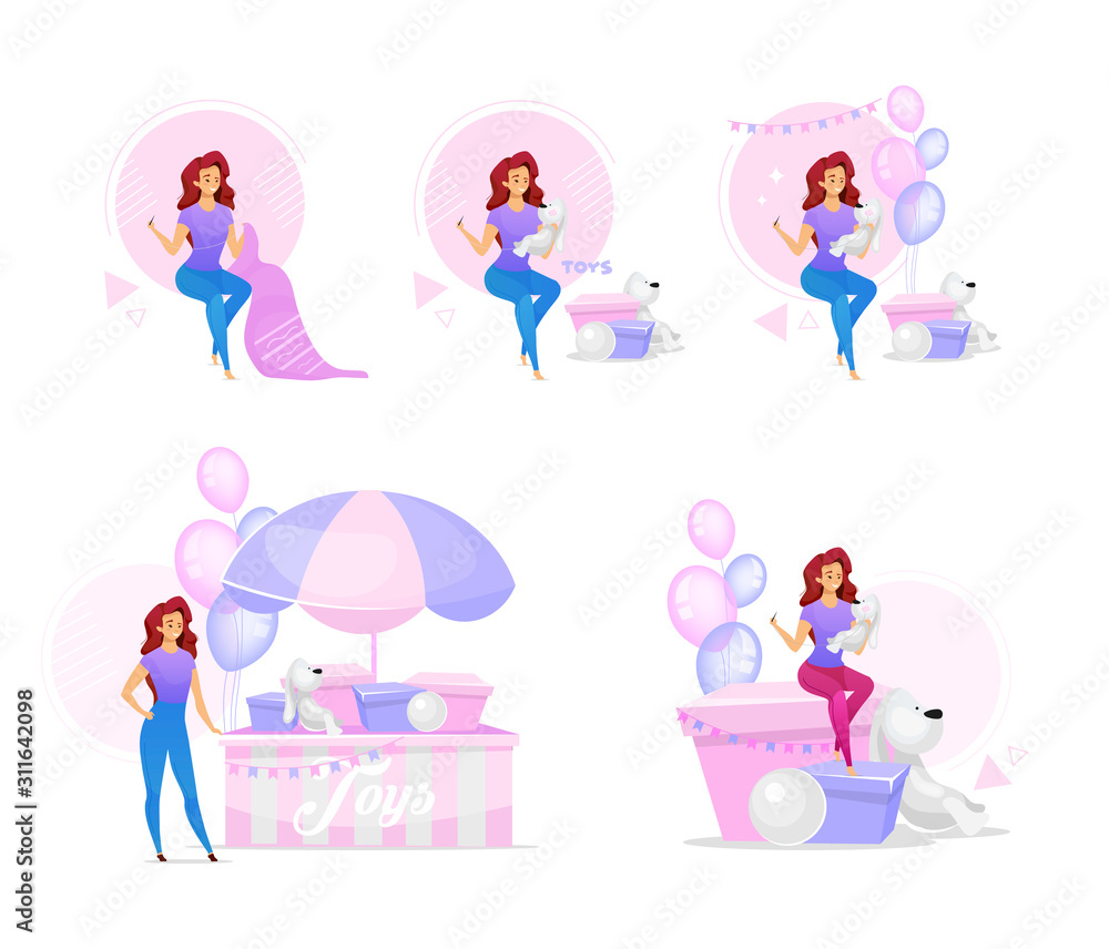 Woman making handcrafted toys flat vector illustrations set. Female character creating party decorations and playthings. Girl sewing plush, stuffed toys for kids. Isolated cartoon characters Woman making handcrafted toys flat vector illustrations set. Female character creating party decorations and playthings. Girl sewing plush, stuffed toys for kids. Isolated cartoon characters