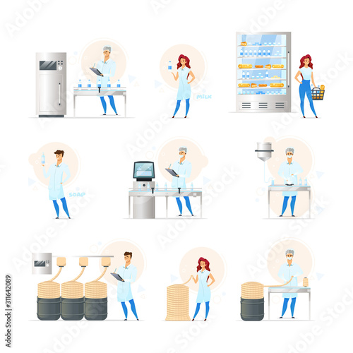 Production processes flat vector illustrations set. Milk industry. Soap, cosmetics manufacturing. Yarn fabrication. Factory employees. Laboratory workers. Isolated cartoon characters