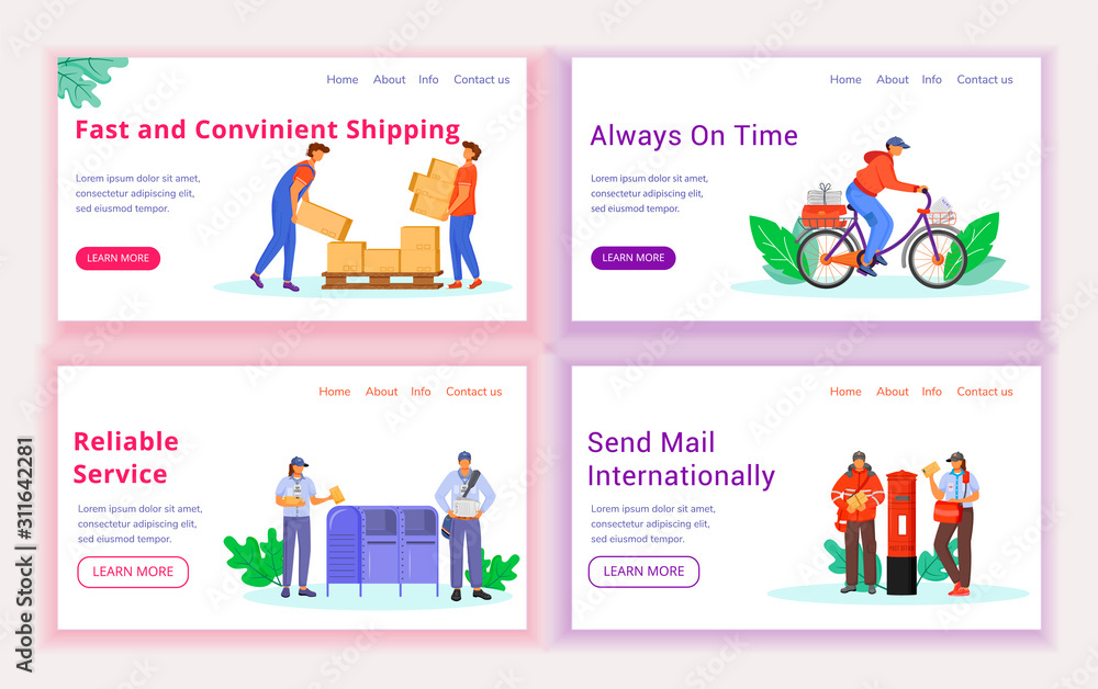 Post service delivery landing page vector template set. Shipping website interface idea with flat illustrations. Male, female uniform in UK and USA homepage layout, web banner, webpage cartoon concept