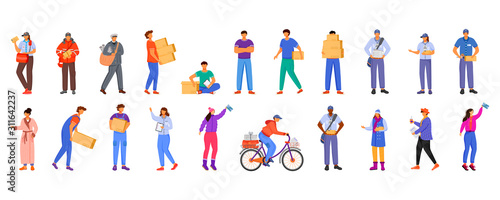 Post office male and female workers flat color vector illustrations set. Woman receives letter. Post service delivery. Boxes and parcels transportation isolated cartoon character on white background