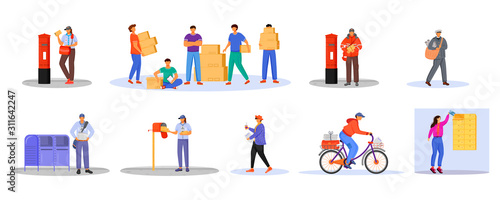 Post office male workers and loaders flat color vector illustration set. Man receives packages. Post service delivery. Boxes and parcels transportation isolated cartoon character on white background © The img