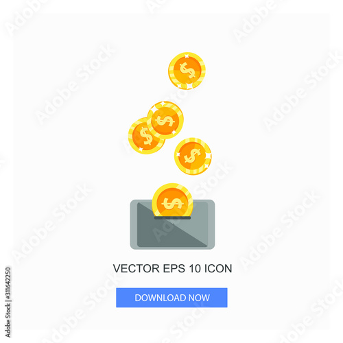 Collect Gold Coin With a Dollar Sign From Top Side Smart Phone Gray Color Mode Landscape View Vector illustration flat icon