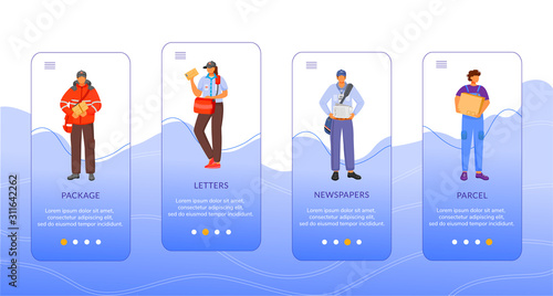 Post service delivery onboarding mobile app screen vector template. Packages, letters and parcels. Walkthrough website steps with flat characters. UX, UI, GUI smartphone cartoon interface concept