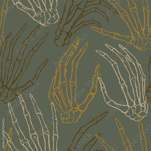 Hand drawn vector seamless pattern. Human bone hands in different gestures. Colored contour anatomical sketches isolated. Engraving style background. For design print, wallpapers, wrap, fabric, cards.