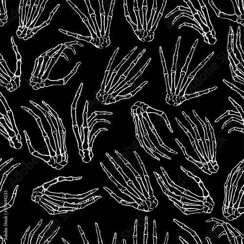 Hand drawn vector seamless pattern. Human bone hands in different gestures. White contour anatomical sketches isolated on black. Engraving style background. For design print, wallpapers, wrap, fabric.