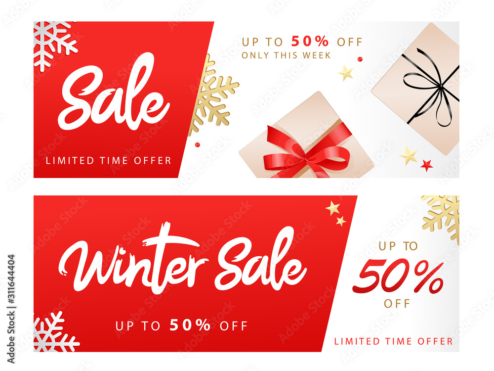 Naklejka premium Winter sale banner with snowflakes in paper style with discount and text. Flat style. Vector illustration