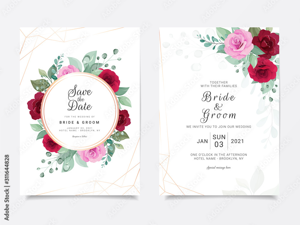 Wedding invitation card template set with floral frame and geometric line  border. Roses and leaves botanic illustration for background, save the  date, invitation, greeting card, poster vector Stock Vector | Adobe Stock