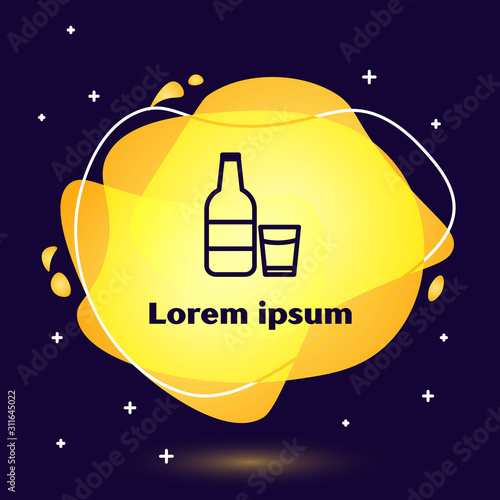 Black line Closed glass bottle with milk and glass icon isolated on dark blue background. Abstract banner with liquid shapes. Vector Illustration