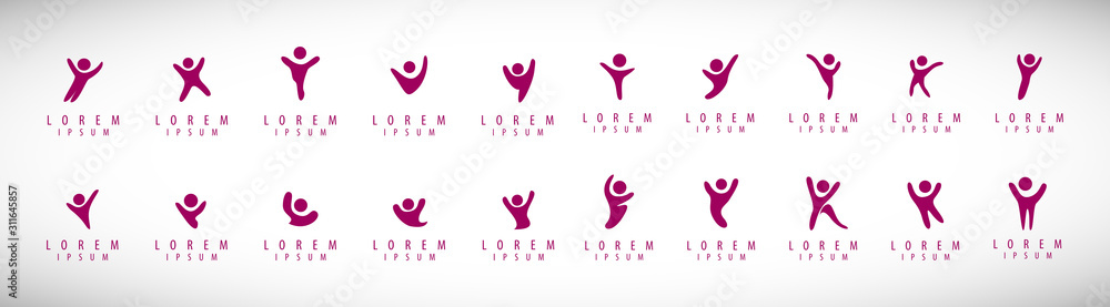 Abstract People Logo Set. Human Figure Isolated On Gray Background. Icons Collection For Human Success, Celebration Logo, Achievement Symbol And Activity. Different Happy People. Figure Logo, Vector