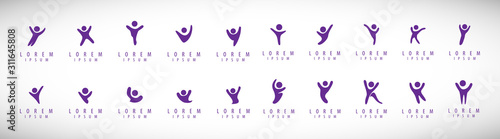 Abstract People Logo Set. Human Figure Isolated On Gray Background. Icons Collection For Human Success, Celebration Logo, Achievement Symbol And Activity. Different Happy People. Figure Logo, Vector