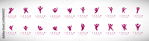 Abstract People Logo Set. Human Figure Isolated On Gray Background. Icons Collection For Human Success, Celebration Logo, Achievement Symbol And Activity. Different Happy People. Figure Logo, Vector