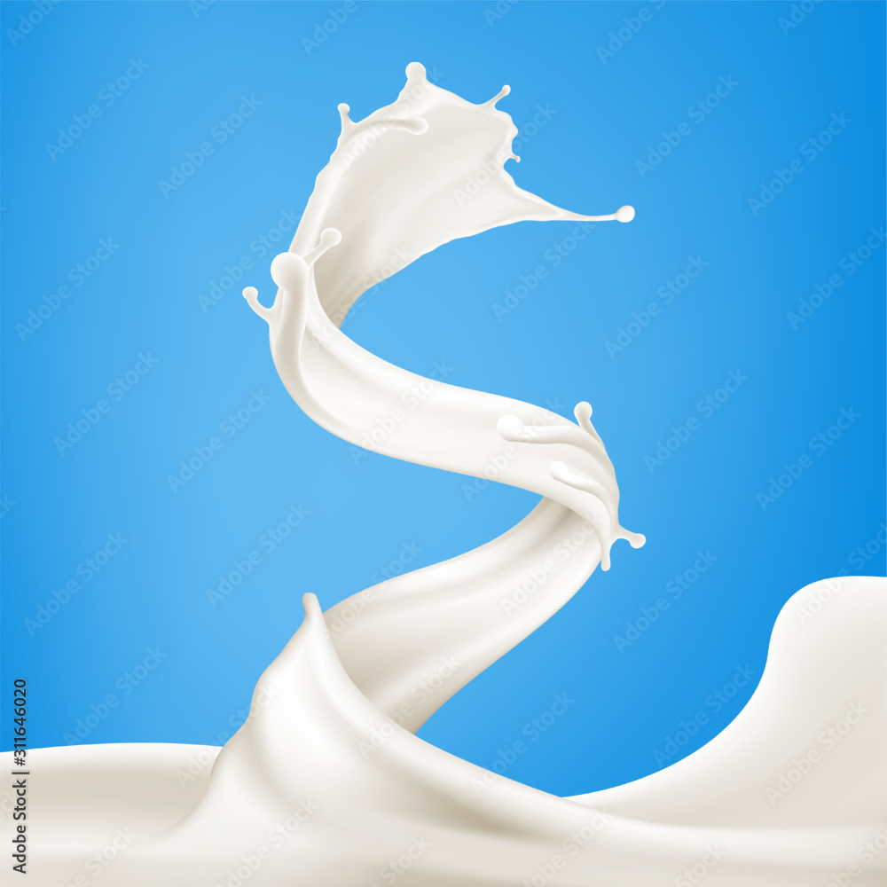 Splashing milk swirl wave on blue background vector illustration for  poster, brochure, label and product ad desing Stock Vector | Adobe Stock