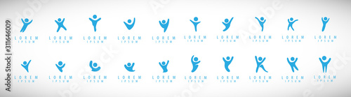 Abstract People Logo Set. Human Figure Isolated On Gray Background. Icons Collection For Human Success, Celebration Logo, Achievement Symbol And Activity. Different Happy People. Figure Logo, Vector