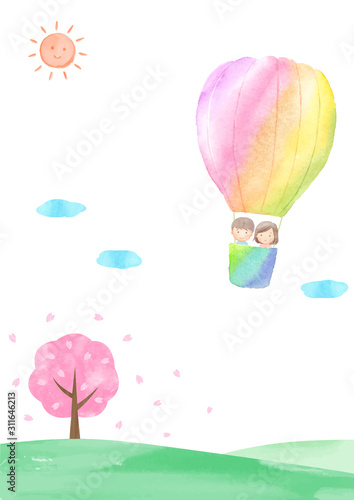 桜の木と気球と子ども　水彩イラスト　A4縦