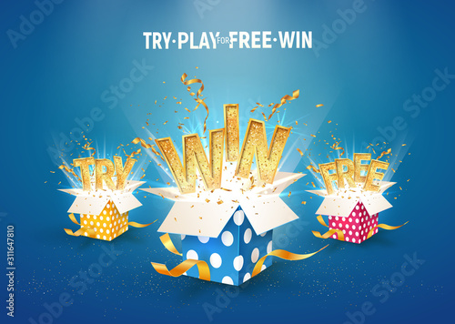 Open textured gift boxes with confetti explosion inside and win, try and free gold words on blue background. Set of isolated vector giftboxes for gambling or leisure games