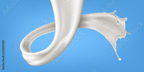 Vector realistic milk or yogurt swirl on blue background. Illustration for poster, brochure, label and product ad desing