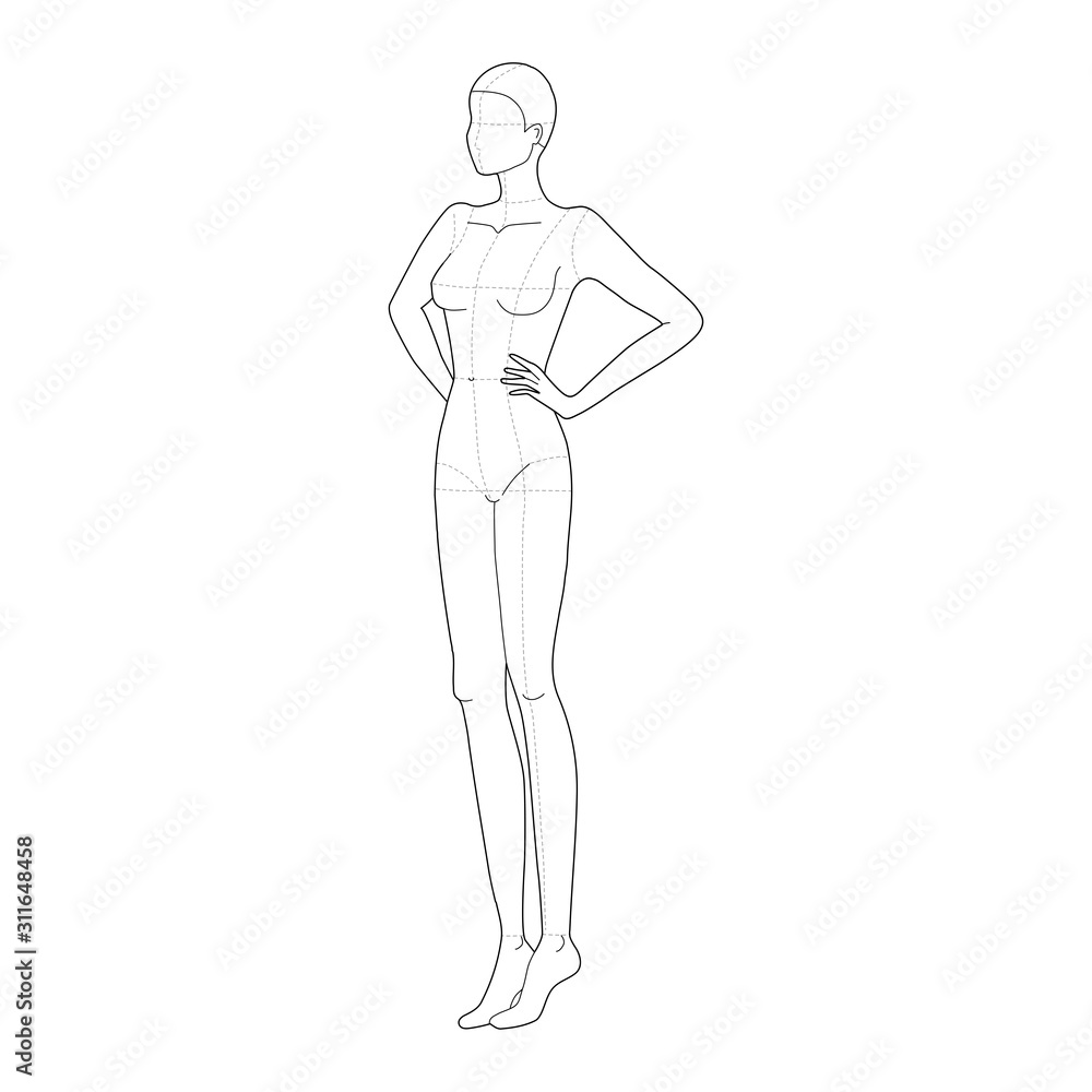 Fashion template 9 head for technical drawing. Fashion template 9 head for technical drawing.