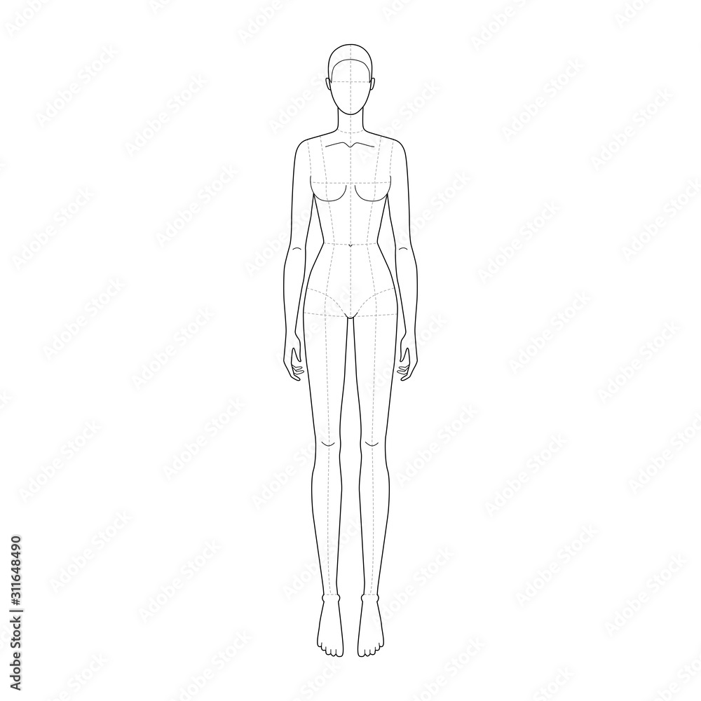 Fashion template 9 head for technical drawing. Fashion template 9 head for technical drawing.