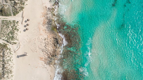 Formentera beach from above with a turquoise and crystalline sea