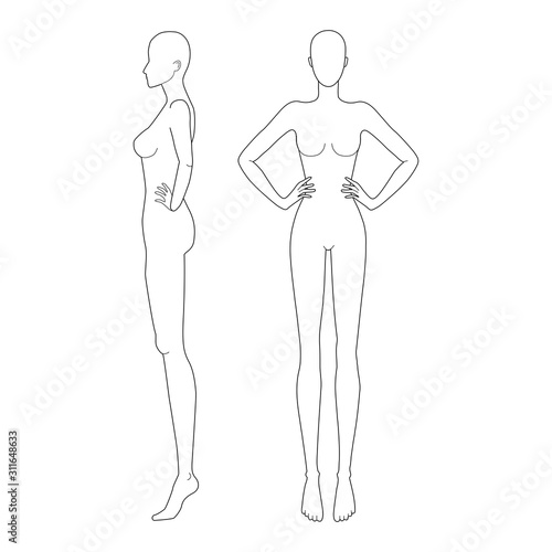 Fashion template 9 head for technical drawing.
