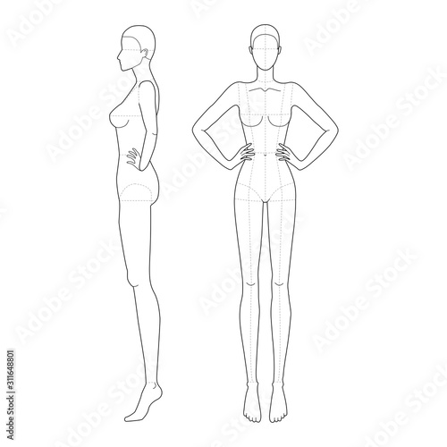 Fashion template 9 head for technical drawing. © Vectoressa