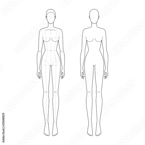 Fashion template 9 head for technical drawing.