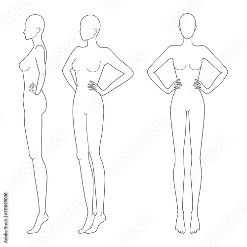 Fashion template 9 head for technical drawing.