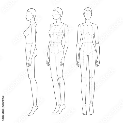 Fashion template 9 head for technical drawing.