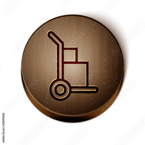 Brown line Hand truck and boxes icon isolated on white background. Dolly symbol. Wooden circle button. Vector Illustration