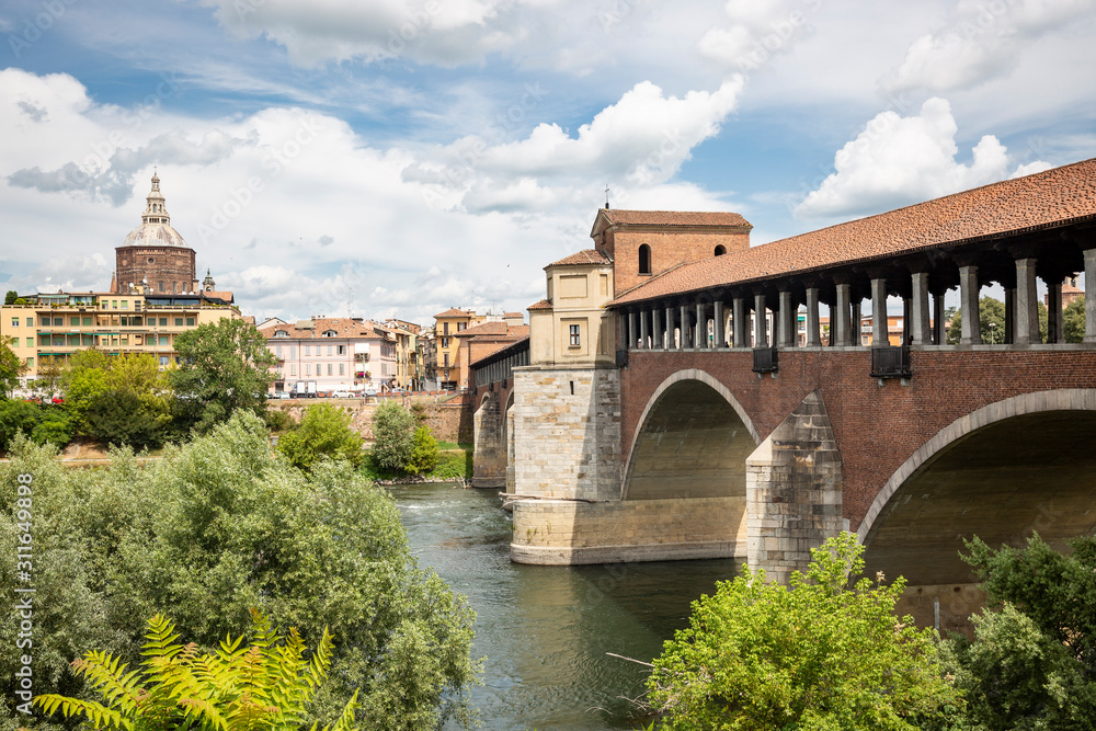 Ponte Coperto bridge over Ticino River in Pavia city, Lombardy, Italy