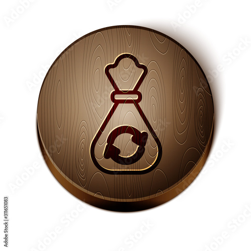Brown line Garbage bag with recycle symbol icon isolated on white background. Trash can icon. Recycle basket sign. Wooden circle button. Vector Illustration
