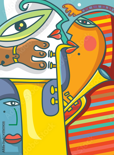 Face Jazz Art, Abstract trumpet and Saxophone (Vector Art)