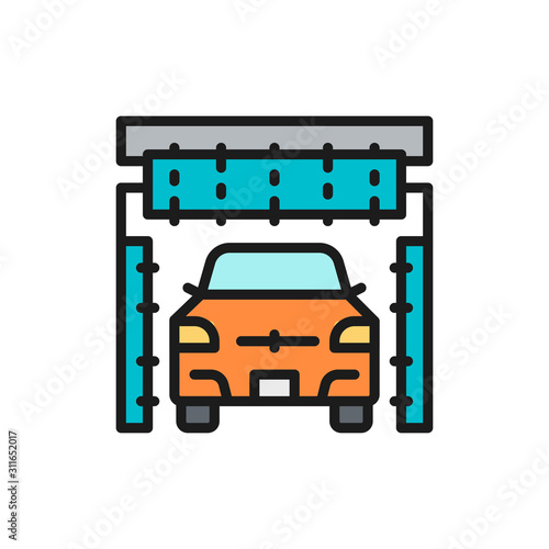 Cleaning brushes in portal carwash flat color line icon.