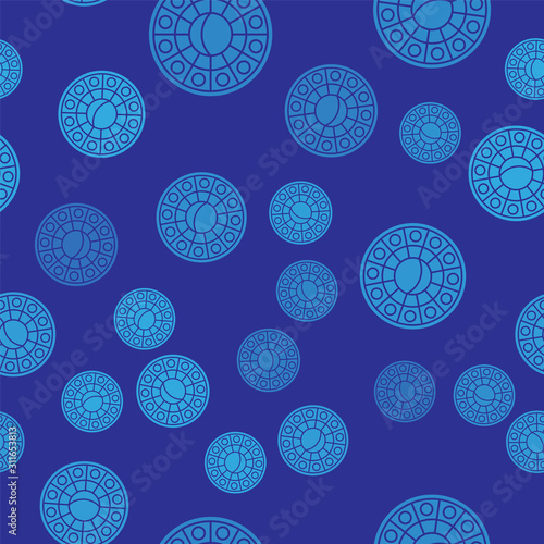 Blue Astrology horoscope circle with zodiac icon isolated seamless pattern on blue background. Vector Illustration