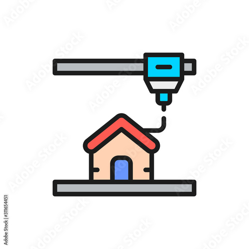 3d printing a house, industrial printer flat color line icon.