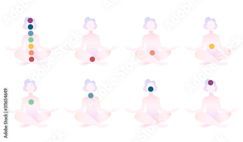 Set of 8 abstract meditated women in different colours 9 chakras. Female cartoon character sitting in lotus posture